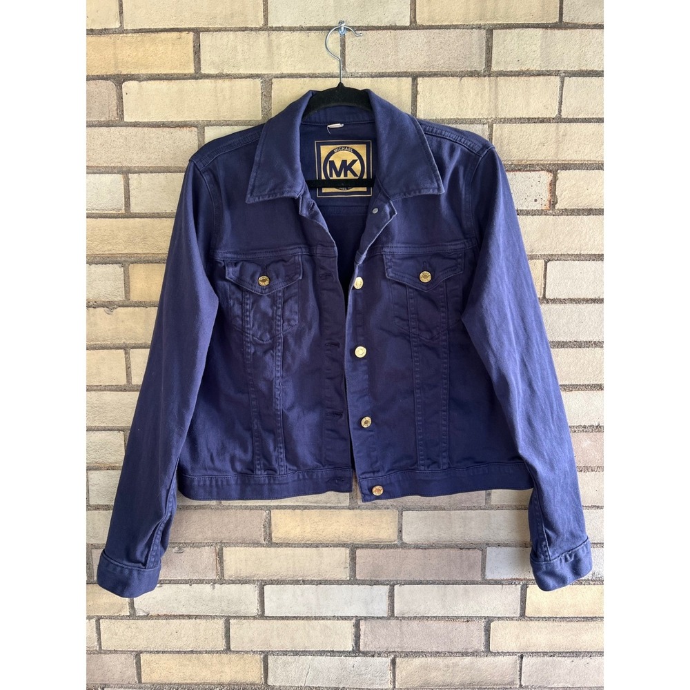 Michael Kors Navy Blue Stretch Denim Jean Jacket Gold Buttons Size XL